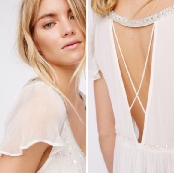 RARE NWOT Free People White Semi Sheer Beaded Babydoll Top Coquette Boho Angelic - Picture 6 of 10